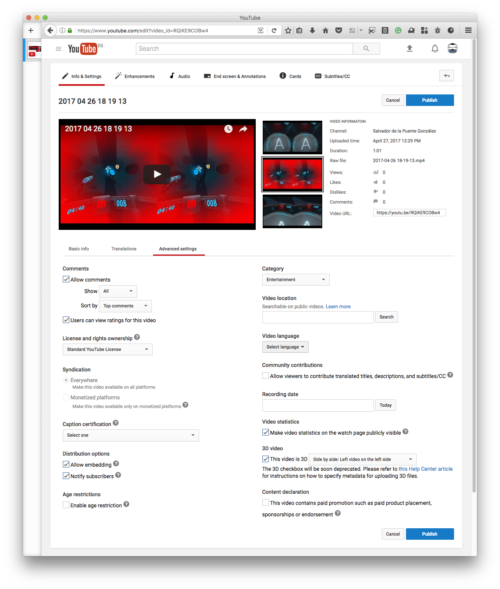 Browser content screenshot at Info & Settings tab of a YouTube video