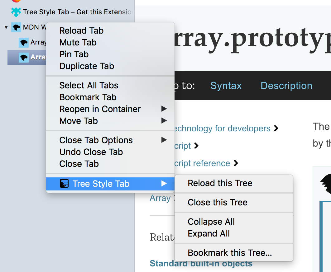 A custom context menu used by the Tree Style Tab extension