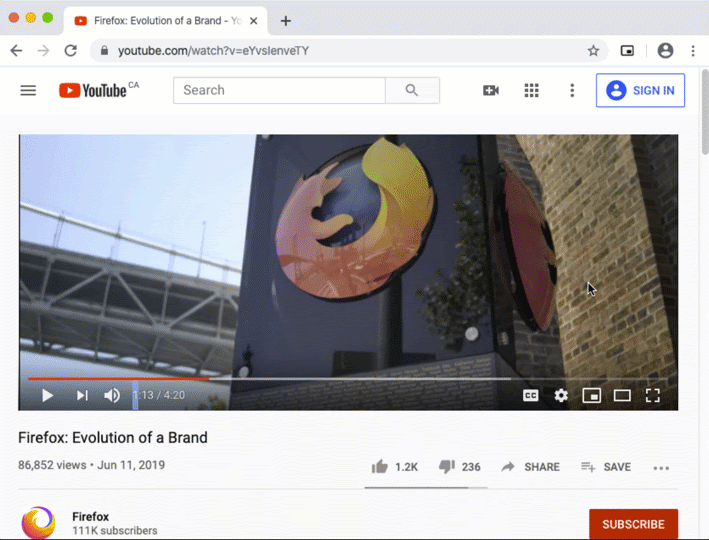 The Chrome web browser playing a video. The mouse cursor clicks a button in the toolbar provided by a WebExtension which pops the video out into an always-on-top player window.