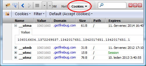 Firebug cookies tab