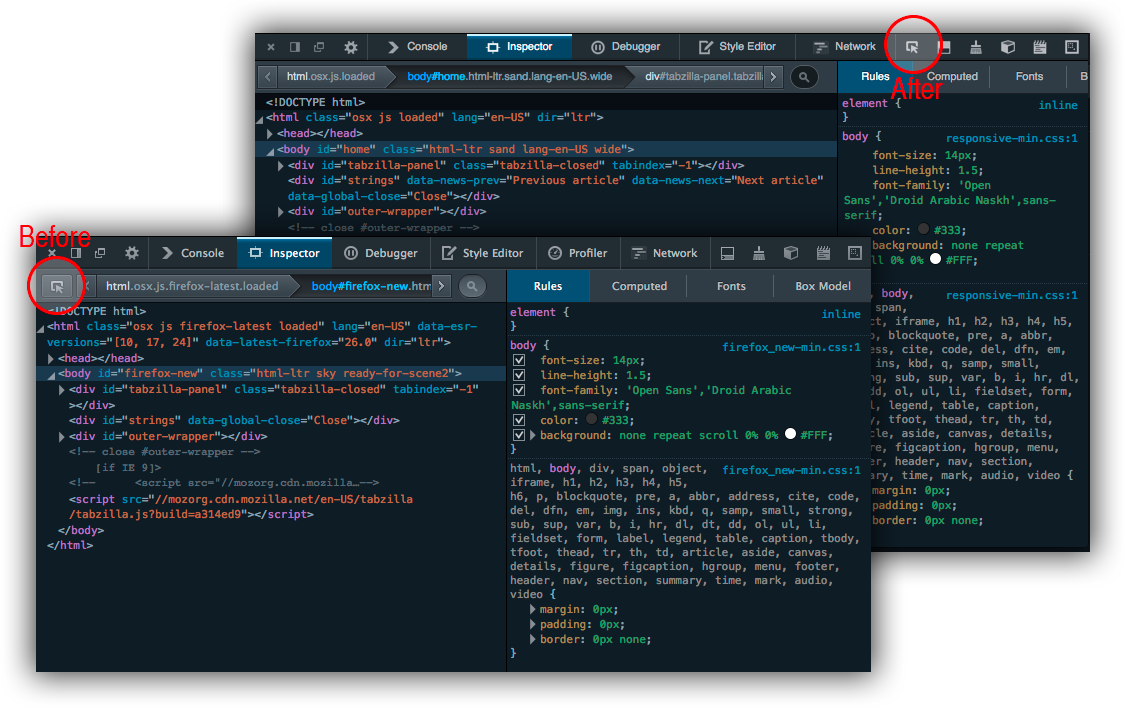 new node highlighter position in the devtools
