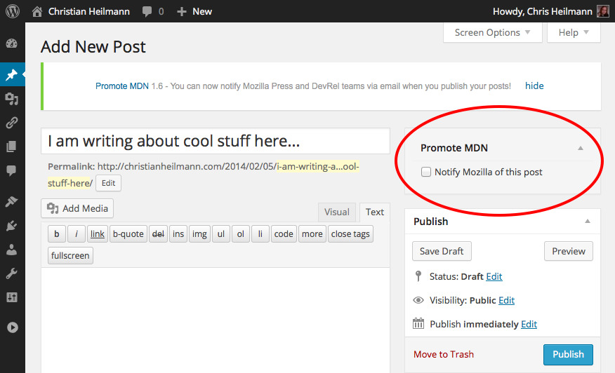 notify mozilla checkbox in the new post screen of wordpress