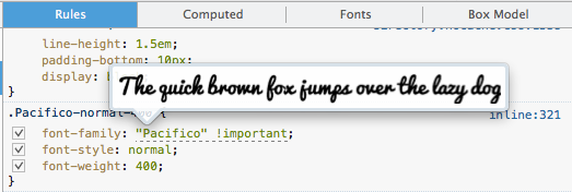 Screenshot of a web font being previewed in the Inspector panel