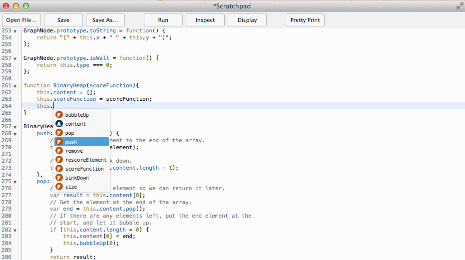 Screenshot of scratchpad showing an autocompletion list