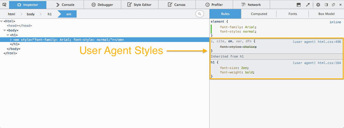 Screenshot of viewing user agent styles in the Inspector Panel