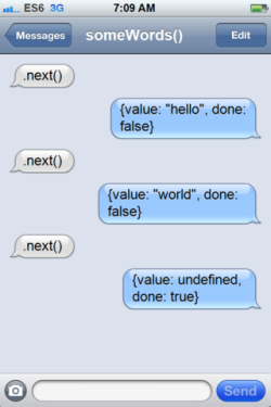 (A fake screenshot of iPhone text messages between a generator and its user, with the user just saying 'next' repeatedly and the generator replying with values.)