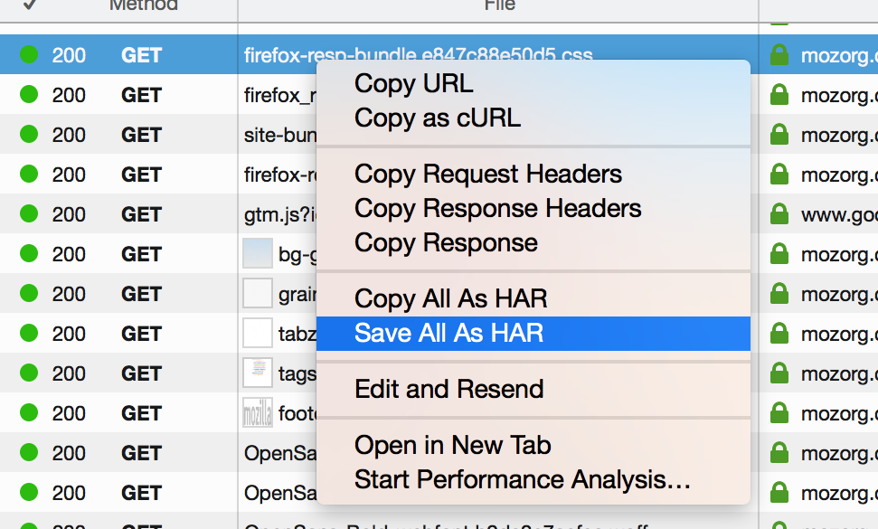 The location of the Save As HAR option in the context menu.