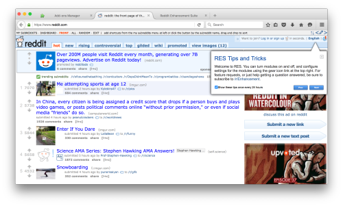 A screenshot of the Reddit homepage with RES active.