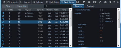 Screenshot of the experimental WebSocket Debugger add-on