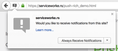 Screenshot of the in-browser Push Notification permissions prompt