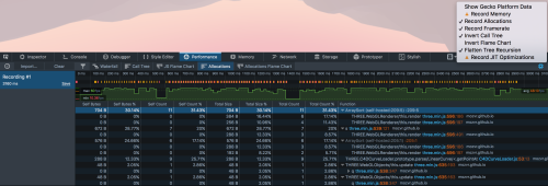 Screenshot of 'allocations view' in performance tool