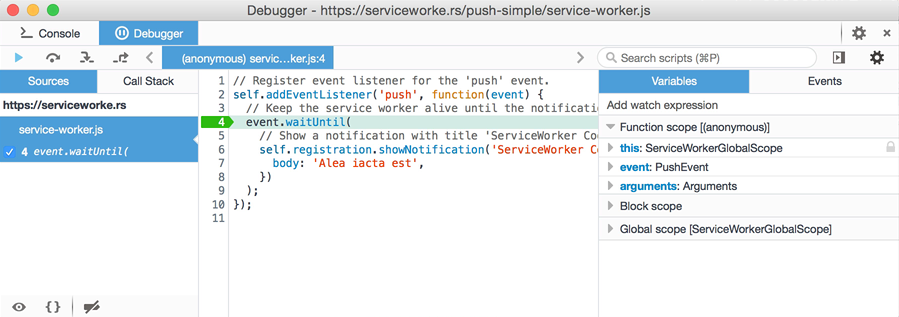 Debugger stopped at the push event listener