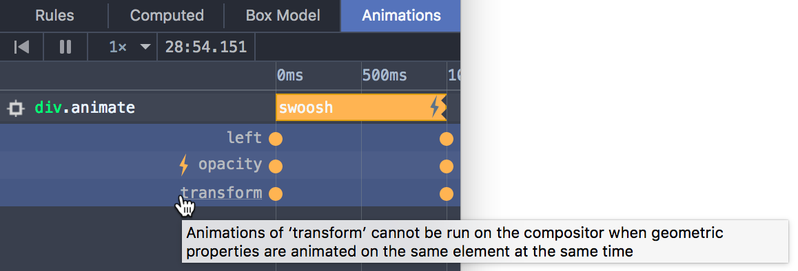 Screenshot showing DevTools Animation inspector reporting why the transform property could not be animated on the compositor.