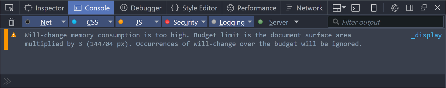Screenshot of the DevTools console showing a will-change over-budget warning.