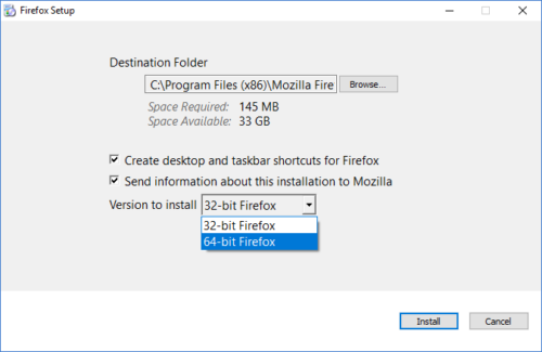 Screenshot of the Firefox installer on Windows offering a choice of 32-bit or 64-bit