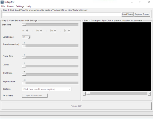 A window with three sections for choosing the video, settings and preview