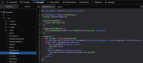 Screenshot of the Debugger showing JSX syntax highlighting for a React component