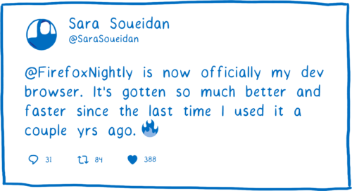 Tweet from Sara Soueidan about Firefox Nightly being fast