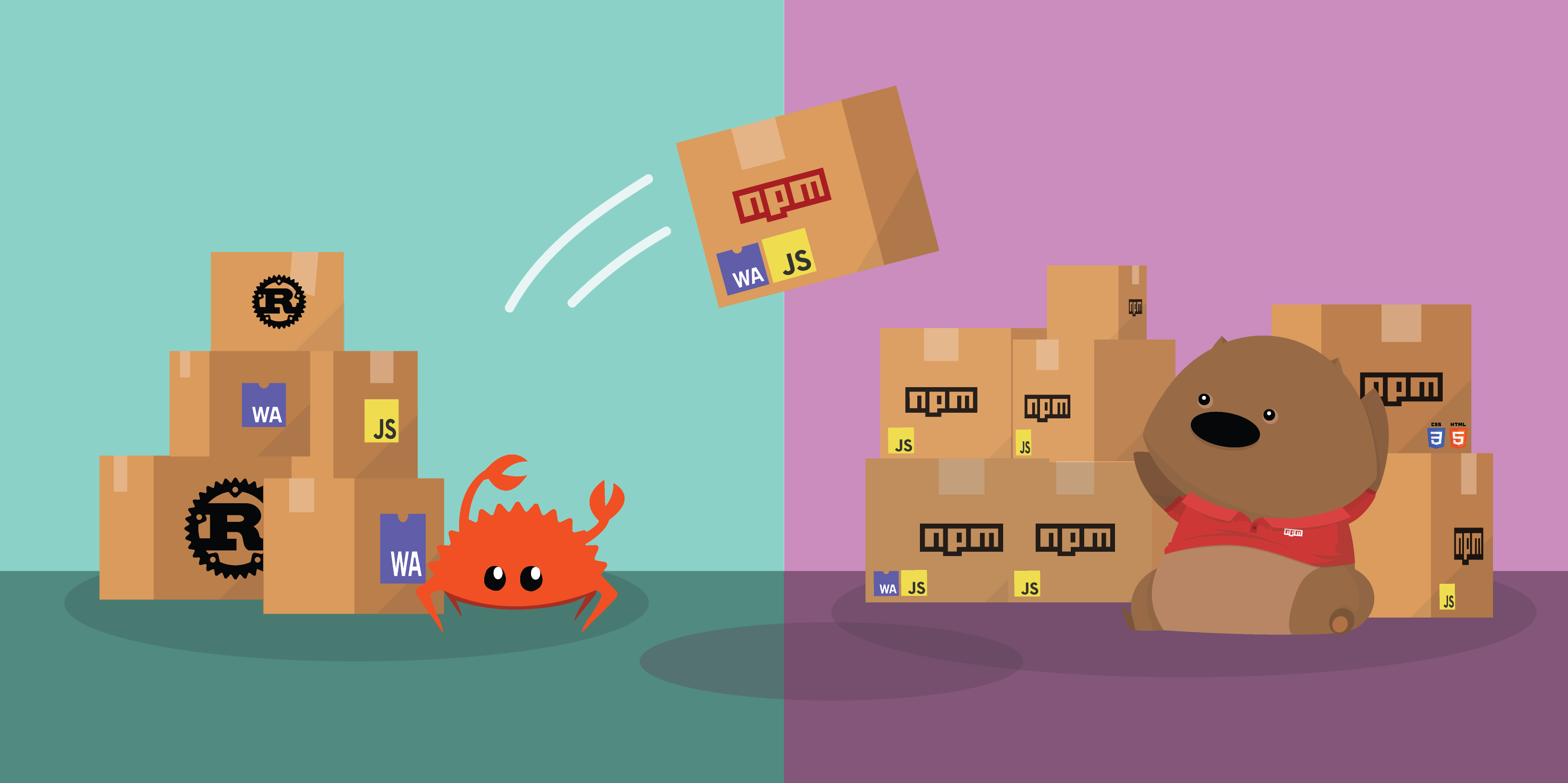 2 panels, one showing ferris the crab with assorted rust and wasm packages and one with the npm wombat with assorted js wasm and css/html packages. the crab is throwing a package over towards the wombat