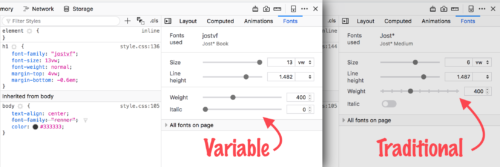 A comparison of the DevTools Font Editor when inspecting a variable font versus a traditional font, showing how the varible font axes appear as continuous, smooth sliders, while the traditional font has toggles or stepped sliders to adjust things like italic or weight