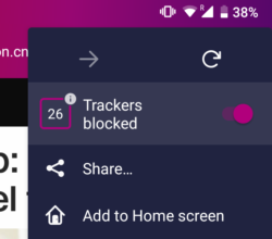 A screenshot of Firefox Focus, showing the main menu open with the heading "26 Trackers Blocked"