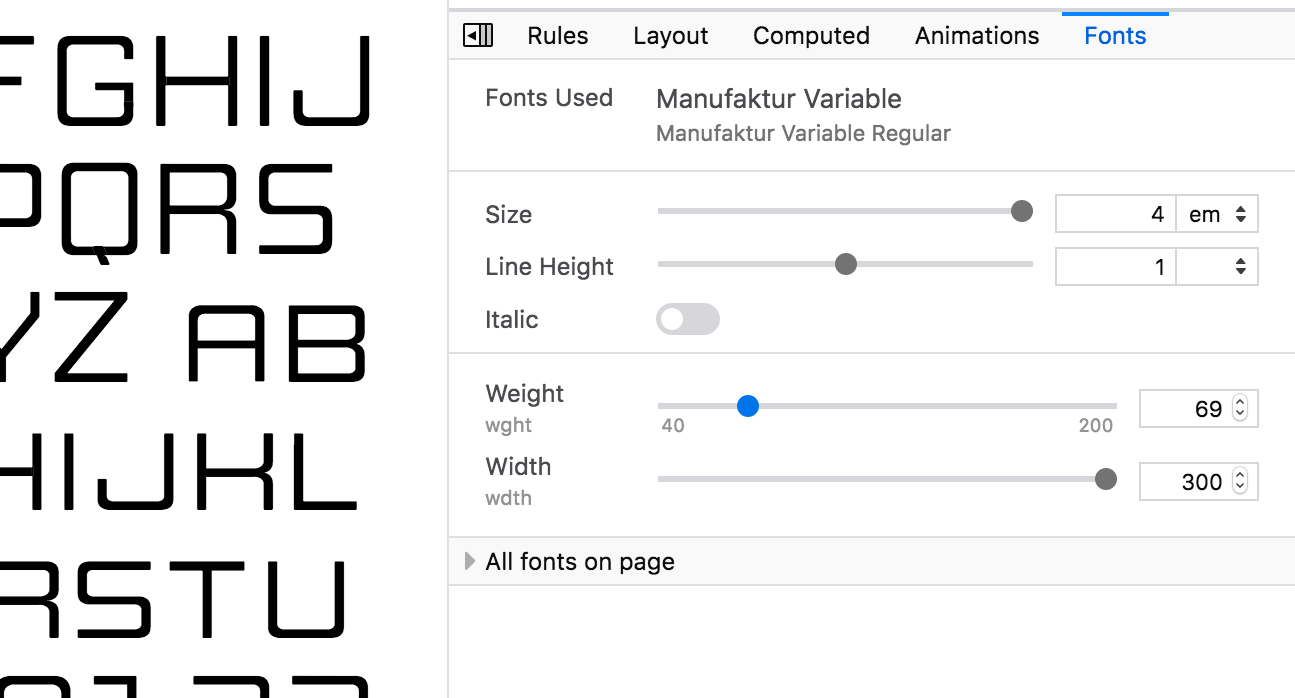 a screenshot of the fonts panel being used to adjust a variable font