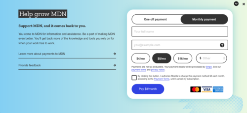 A screenshot of the monthly payment banner, with $8/month selected.