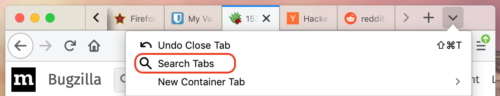 Screenshot of Firefox's tab overflow menu showing a new 'Search Tabs' options