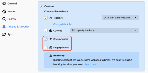 Screenshot of the new Content Blocking options: Cryptominer and Fingerprinter blocking