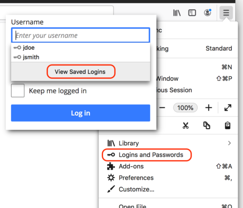 Screenshots of the View Saved Logins popup during autocomplete, and the Logins and Passwords item in the main menu