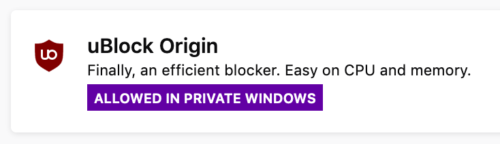Screenshot of uBlock Origin's settings with a banner reading "Allowed in Private Windows"