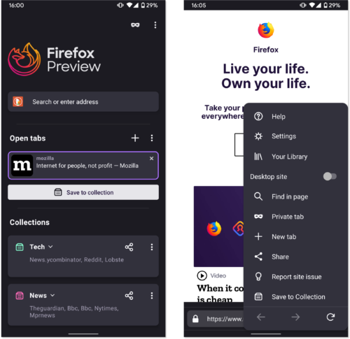 Two screenshots of Firefox Preview showing the home screen and a page loaded with the main menu open