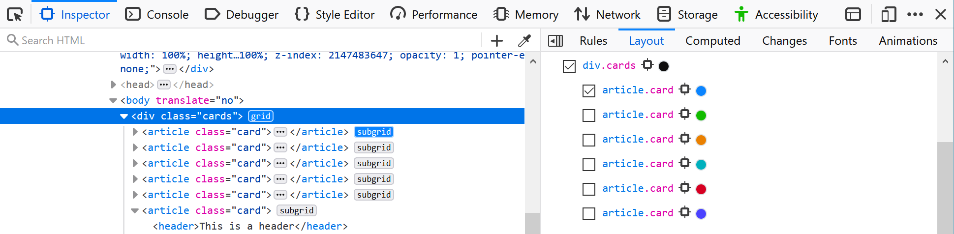 The Firefox DevTools open to show the different ways that subgrids are highlighted.