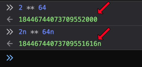 Screenshot of the DevTools Console showing 2**64 with normal numbers and with BigInts. The screenshot shows how floating point numbers lose precision as they grow larger.