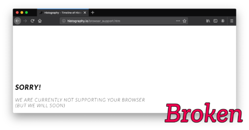 Screenshot of a blank webpage telling the visitor that the site is "currently not supporting your browser."