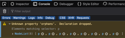 Screenshot of the Firefox DevTools showing a CSS warnings in the Console of the form "unknown property 'foo', declaration dropped." The warning shows a list of nodes matching the selector with the erroneous rule.