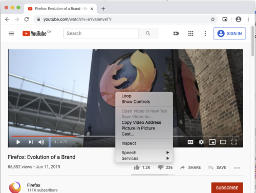 The Chrome web browser playing a video, with the context menu for the video element hovering over top of it. “Picture in Picture” is one of the menu items.