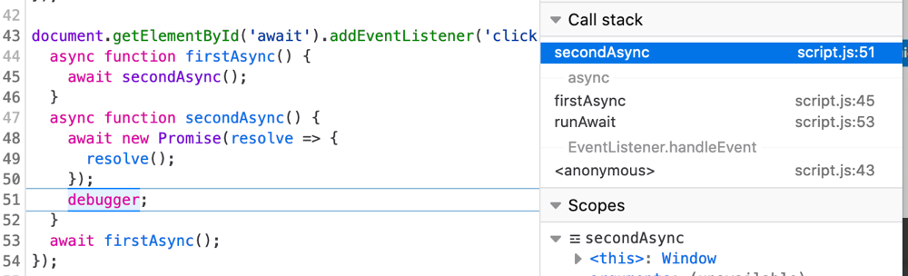 async call stack shown in the Firefox JavaScript debugger