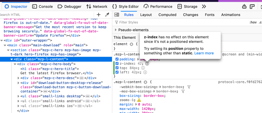 Firefox Page Inspector now showing inactive position-related properties such as z-index and top