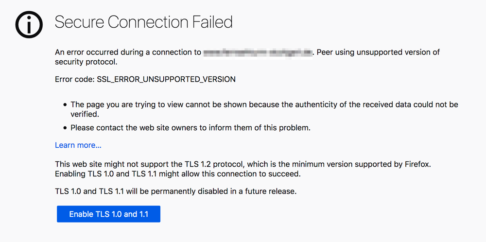 安全連線失敗錯誤訊息，您使用的服務器為TLS 1.0或1.1版本。（secure connection failed error message, due to connected server using TLS 1.0 or 1.1）