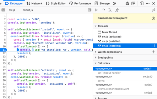 Recent Debugger features, Service Workers and Async Stack Traces, in action