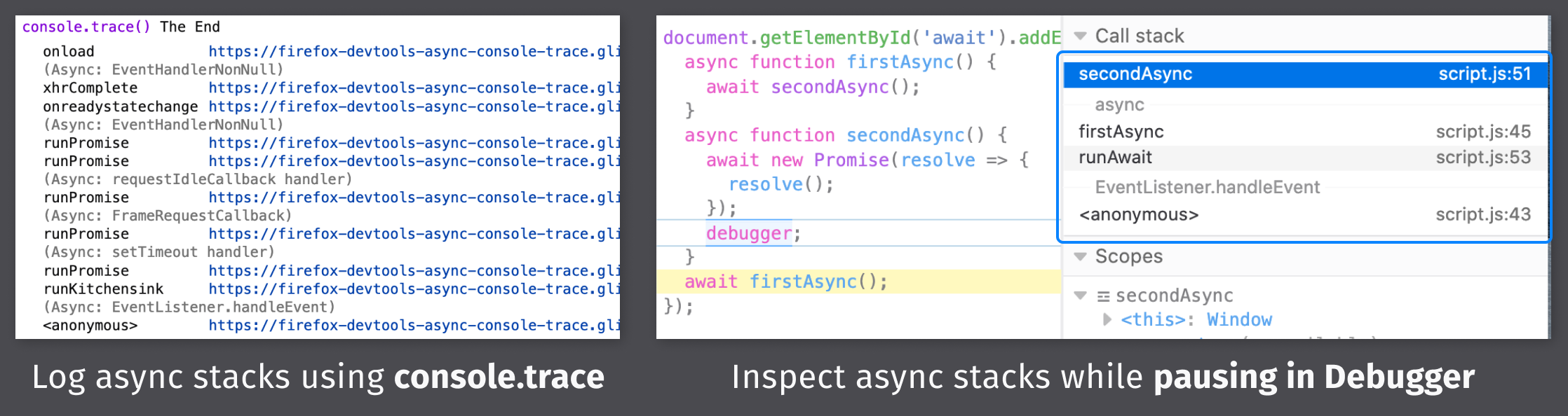 Async stacks add promise execution for both Console and Debugger