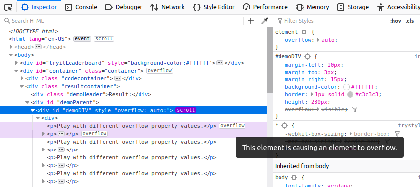 Firefox devtools screenshot showing an overflow badge next to a child element that is causing its parent to overflow