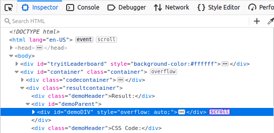 devtools page inspector showing a scroll badge next to an element that is scrolling
