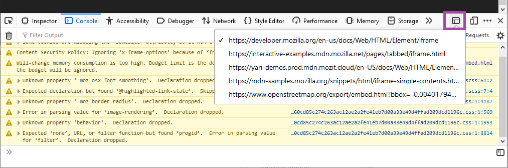 Firefox devtools, showing the select iframe dropdown menu, a list of the iframes on the page that can be selected from