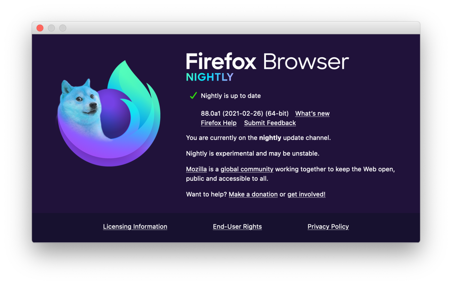 Screenshot of Firefox Nightly, from when Mozilla photoshopped the Firefox logo to have a Doge head.