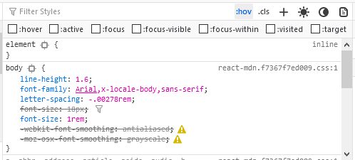 Firefox devtools CSS rules pane, showing a body selector with a number of following declarations, and a bar up the top with several pseudo classes written inside it