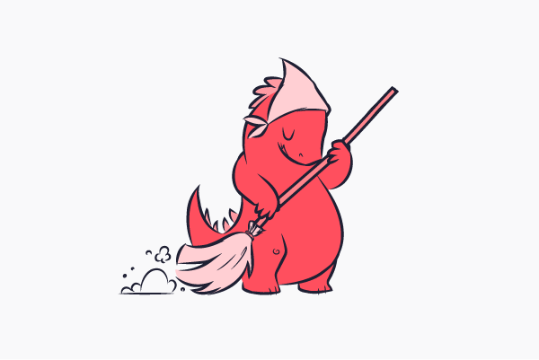 An illustration of a salmon coloured dinosaur sweeping with a broom