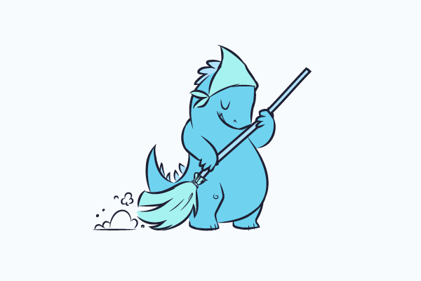 An illustration of a blue coloured dinosaur sweeping with a broom