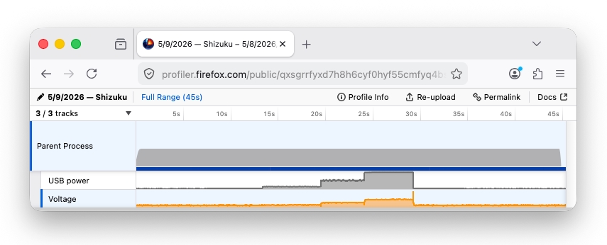 A screenshot of the Firefox Profiler displaying the imported power recording from Florian’s site.
